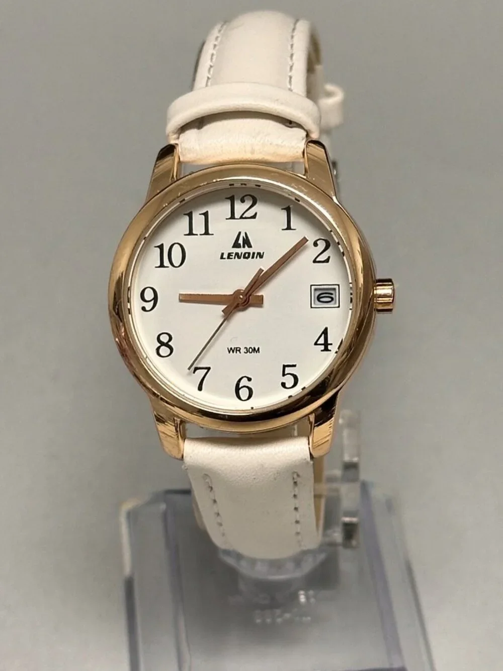 Lenqin Watch Women Gold Tone Date Window White Leather Band New Battery 9